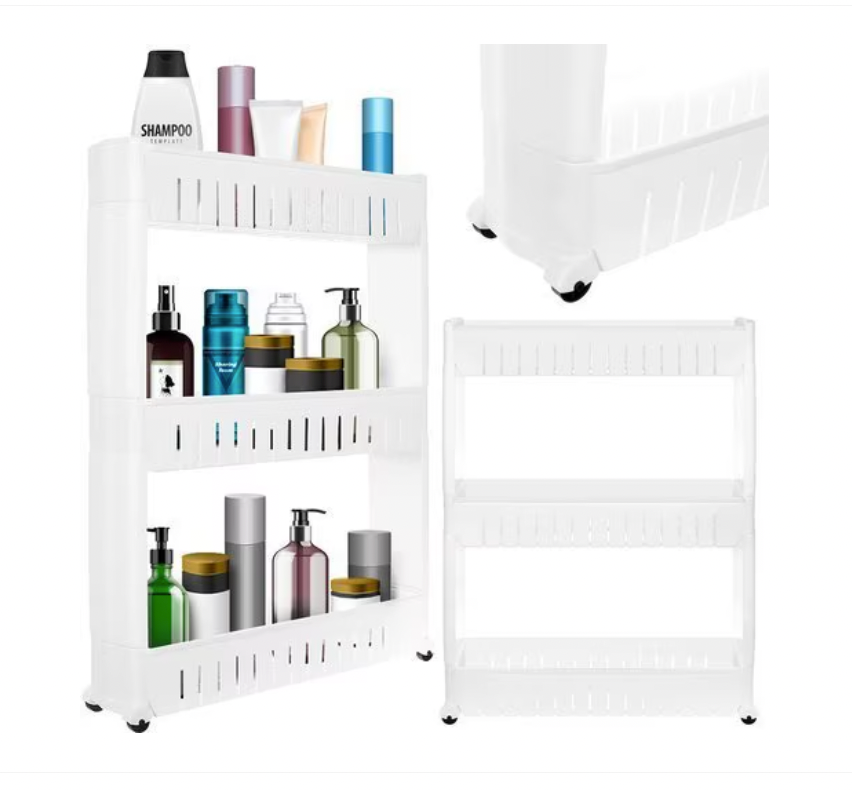 Dulap Mobil Multifunctional cu Roti pentru Bucatarie sau Baie, Chris Badzi®, 3 Niveluri, Asamblare Usoara, Modular, Ideal pentru Spatiile Inguste dintre Dulapuri cu Posibilitate Conectare a 2 Rafturi Unul peste Altul, 72x54x12, 5 cm, Alb