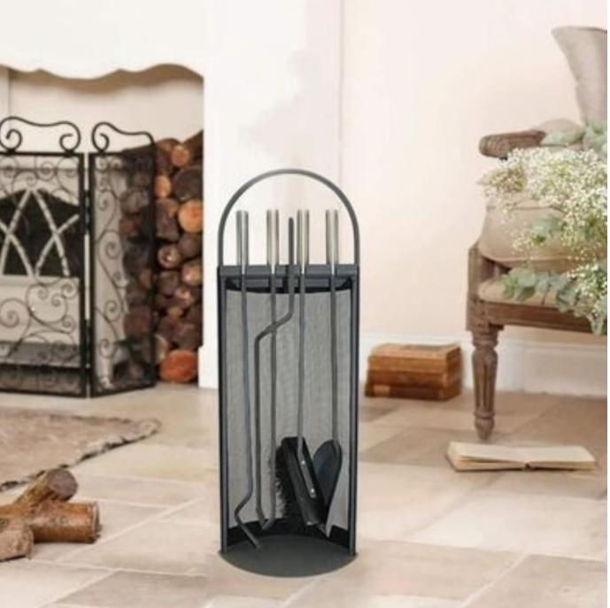 Set Accesorii pentru Semineu, Chris Badzi 369®, 4 Bucati + Suport Metalic, Negru, 30x40x73 cm