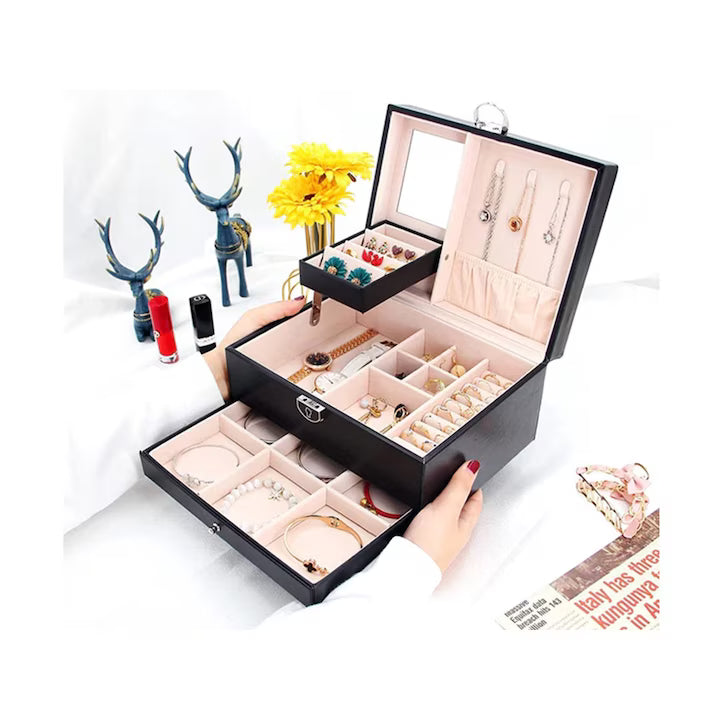 Cutie Bijuterii Chris Badzi 369®, Premium, pentru Ceasuri, Bijuterii, Accesorii, 22, 5 x17 x 12 cm, Oglinda si Inchidere cu Cheie, Multiple Compartimente, 2 Niveluri, Culoare Negru