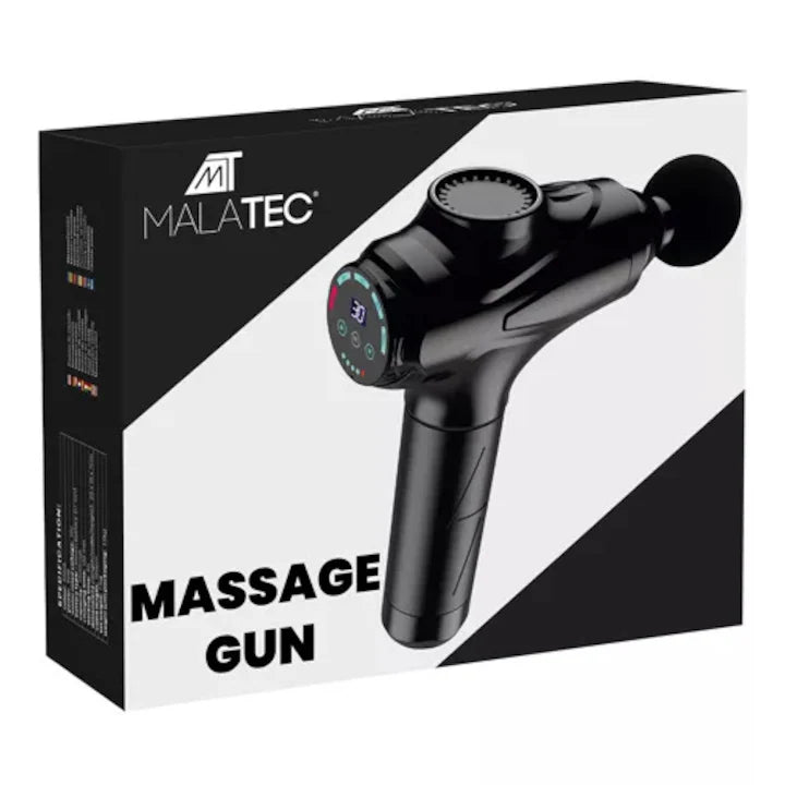 Aparat de Masaj tip Pistol Relax-Ameliorarea Durerilor Musculare/Rigiditate/Durere, Chris Badzi 369®, Ecran Tactil, Autonomie 6 Ore, 12 Capete Schimbabile, 30 Niveluri de Intensitate a Masajului, Design Ergonomic, Include Geanta pentru Transport, Negru